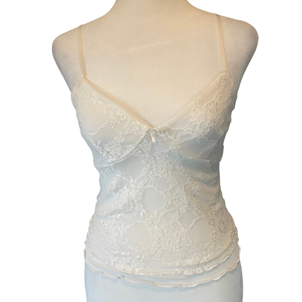 Womens Y2K Fairy White Babydoll Floral Mesh Lace Cami Size XXS Coquette Romantic